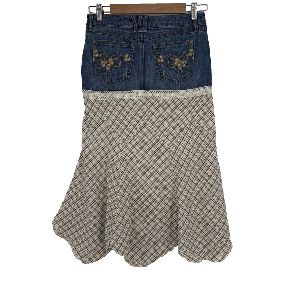 Y2K Candies Womens Jean Midi Skirt 3 Handkerchief Hem Boho Cowgirl Rodeo Indie‎ - Picture 3 of 8